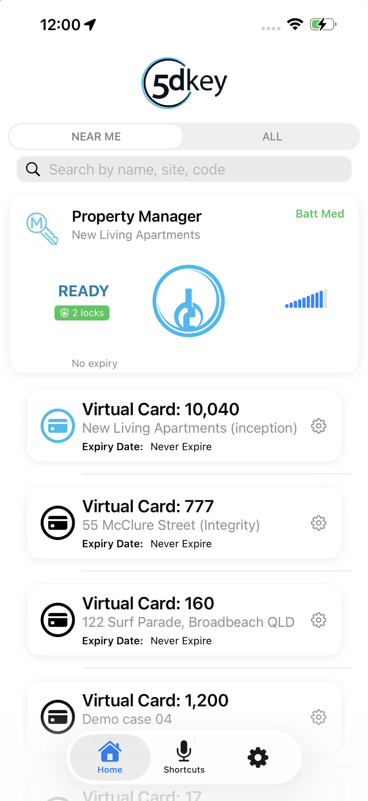 5dkey screen with the Property Manager key and virtual cards for New Living Apartments, 55 McClure Street, 122 Surf Parade, and a demo site