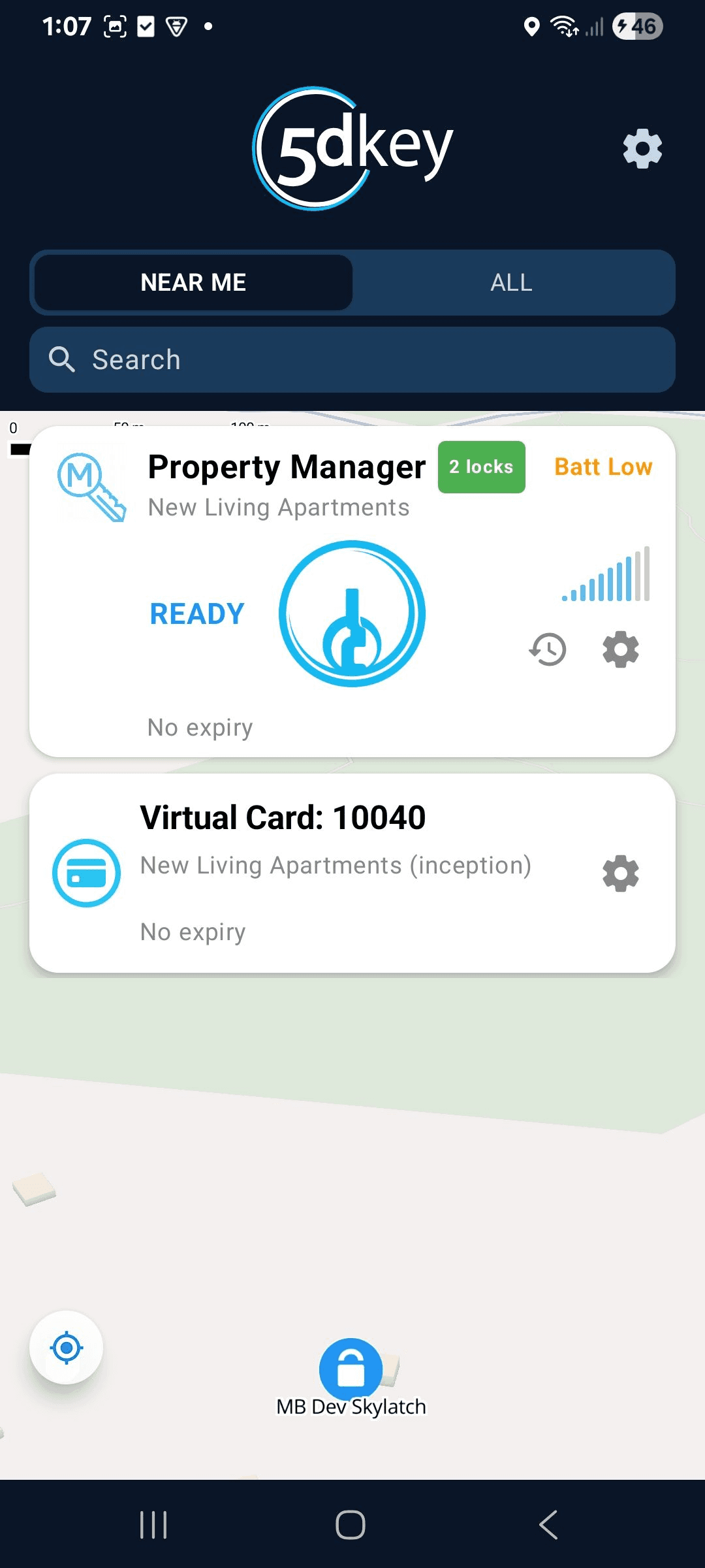 5dkey Near Me screen with the Property Manager key for New Living Apartments, ready with two locks, and virtual card 10040
