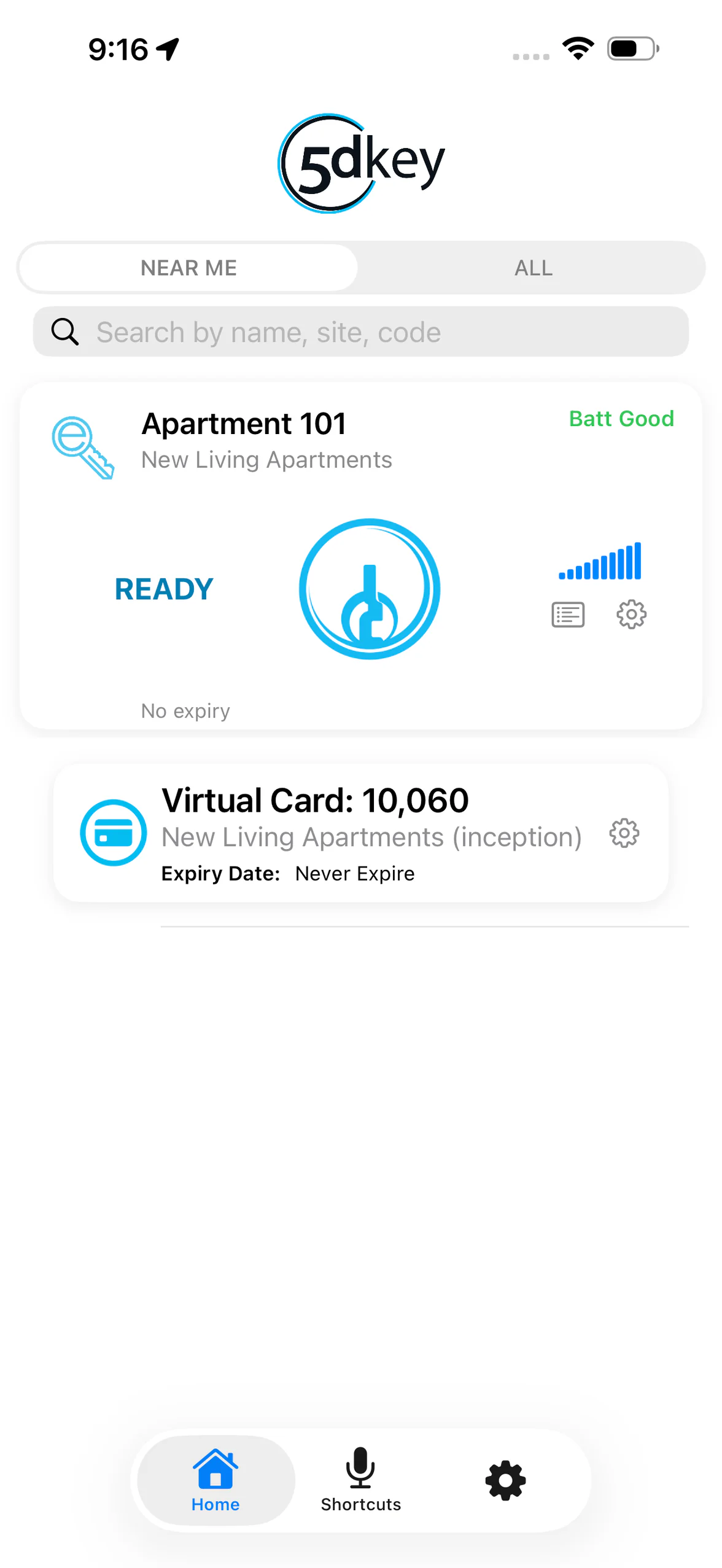 5dkey Near Me screen showing Apartment 101 ready and virtual card 10,060 for New Living Apartments