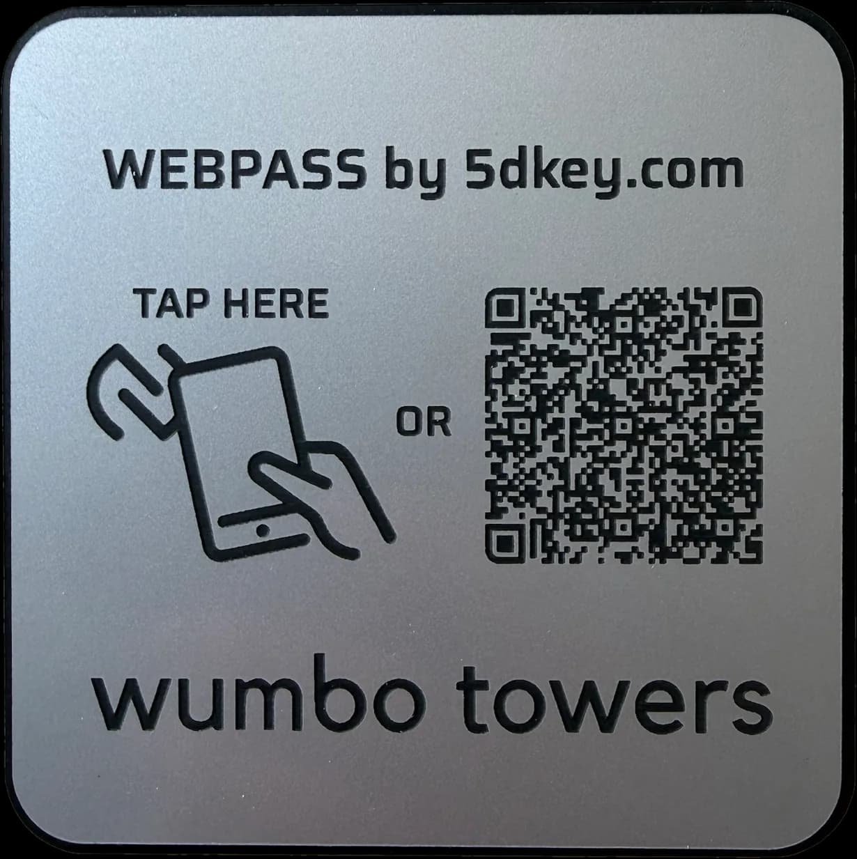 Straight-on 5dkey plaque point reading WEBPASS by 5dkey.com, TAP HERE, a QR code, and the site name New Living Apartments